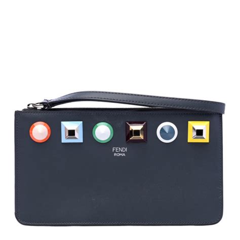 fendi fendimania medium blueberry & multicolor logo leather zipped clutch|FENDI for Women .